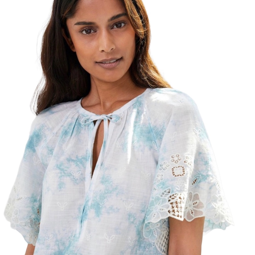 NWT Anthropologie Tops | Embroidered Tie-Dye Short Sleeve Blue & White Size XL